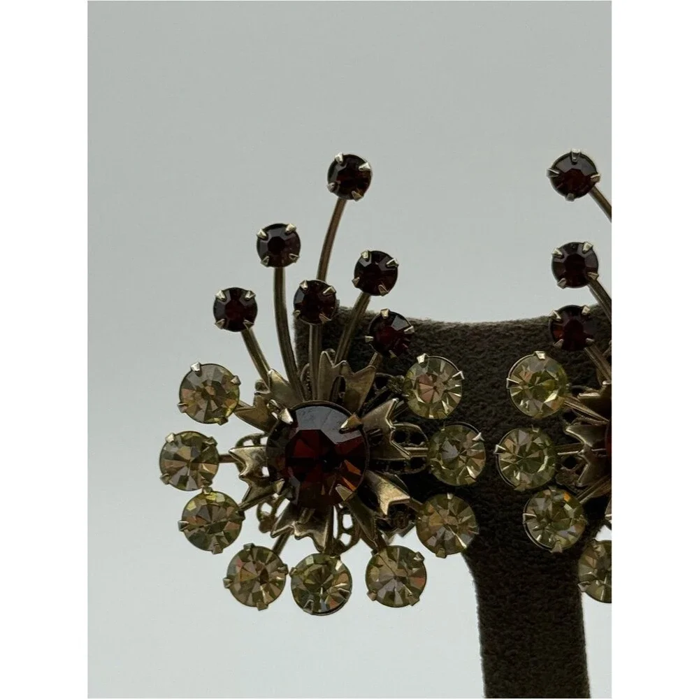 Vintage Floral Cluster Clip-On Earrings - Brown & yellow glass Rhinestones